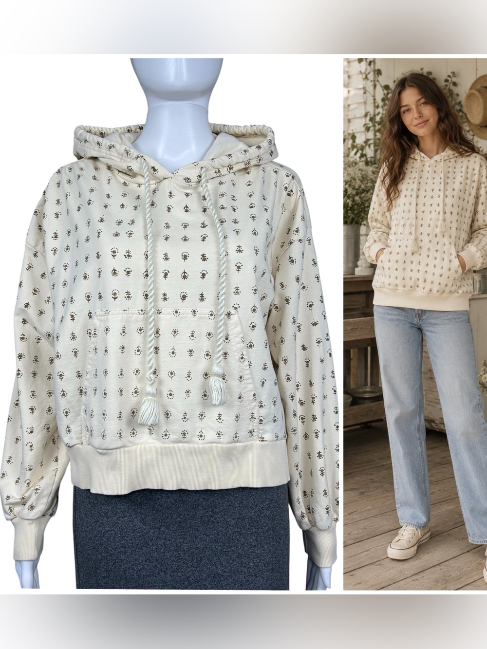 Cleobella Organic Cotton Floral Print Hoodie Sweatshirt Pullover Size S Cottage